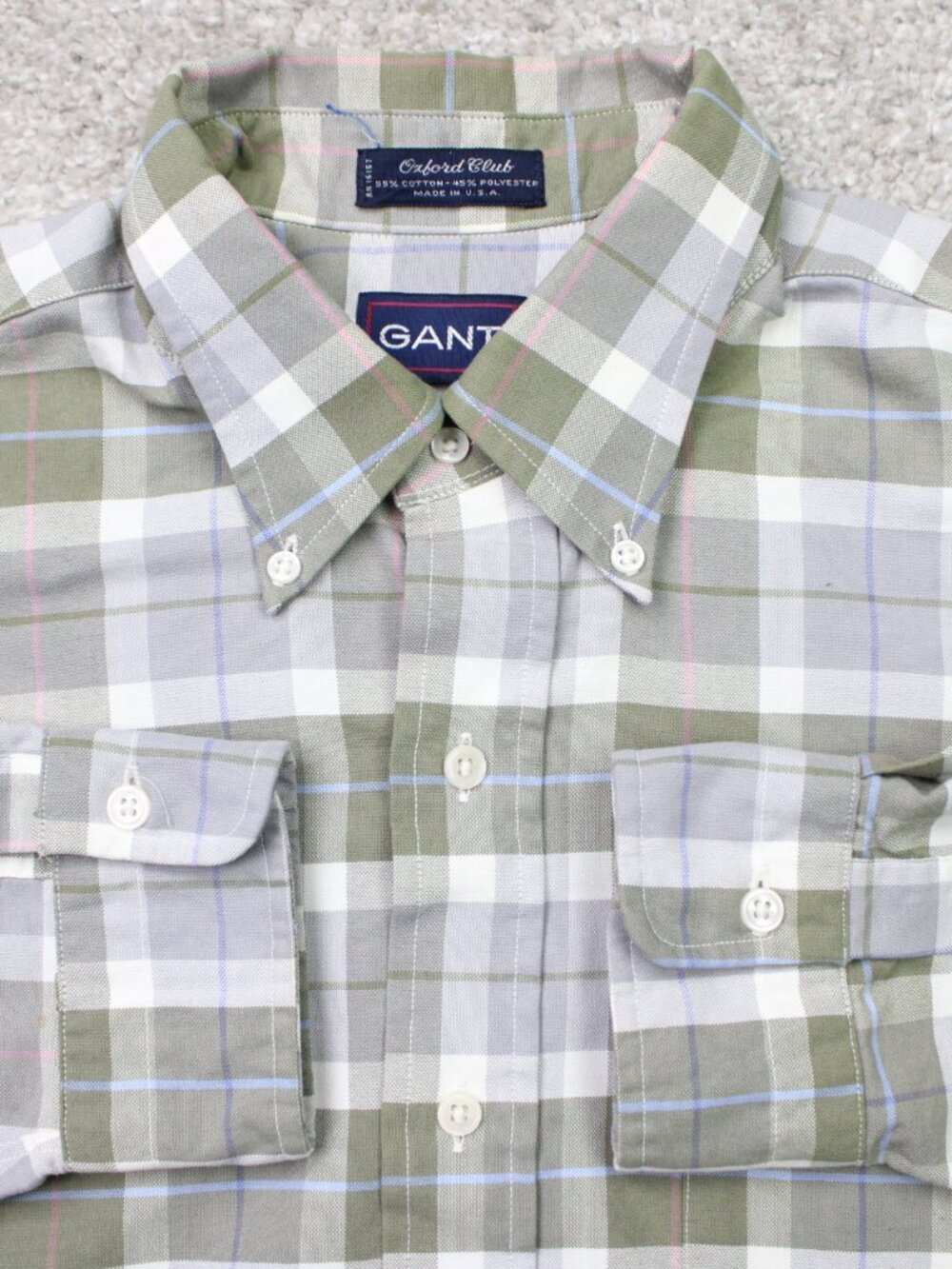 GANT Shirt Mens 16 1/2, 35 Green/Gray Plaid Oxford Club Cotton/Poly Long Sleeve